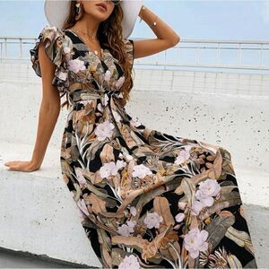 Ruffle Cuff Allover Floral Belted Dress